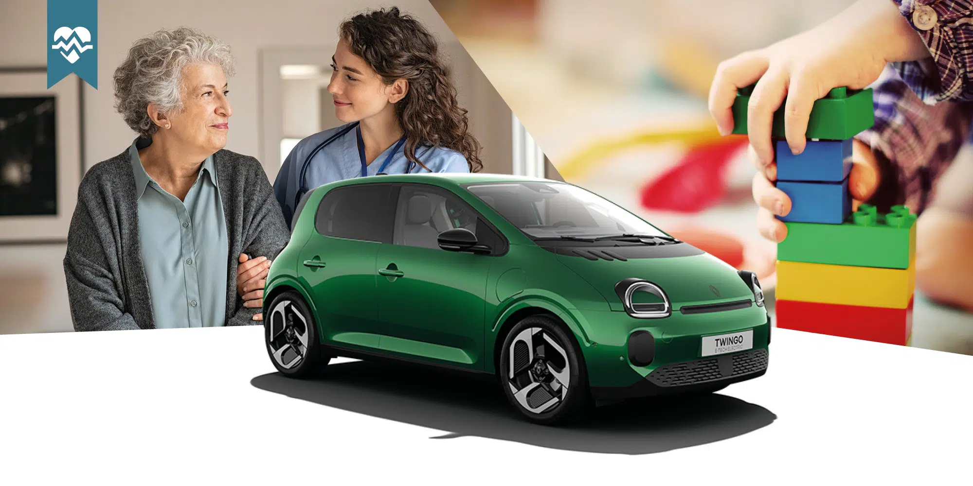 Renault Twingo mit Prlegepersonal und Bausteinen im Hintergrund